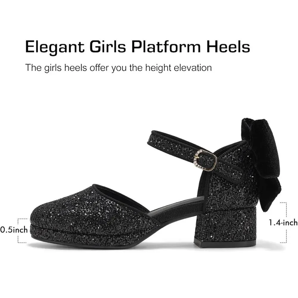 Coutgo Girls Glitter Bow Heels Platform Party Shoes Flower Girl Wedding Shoes